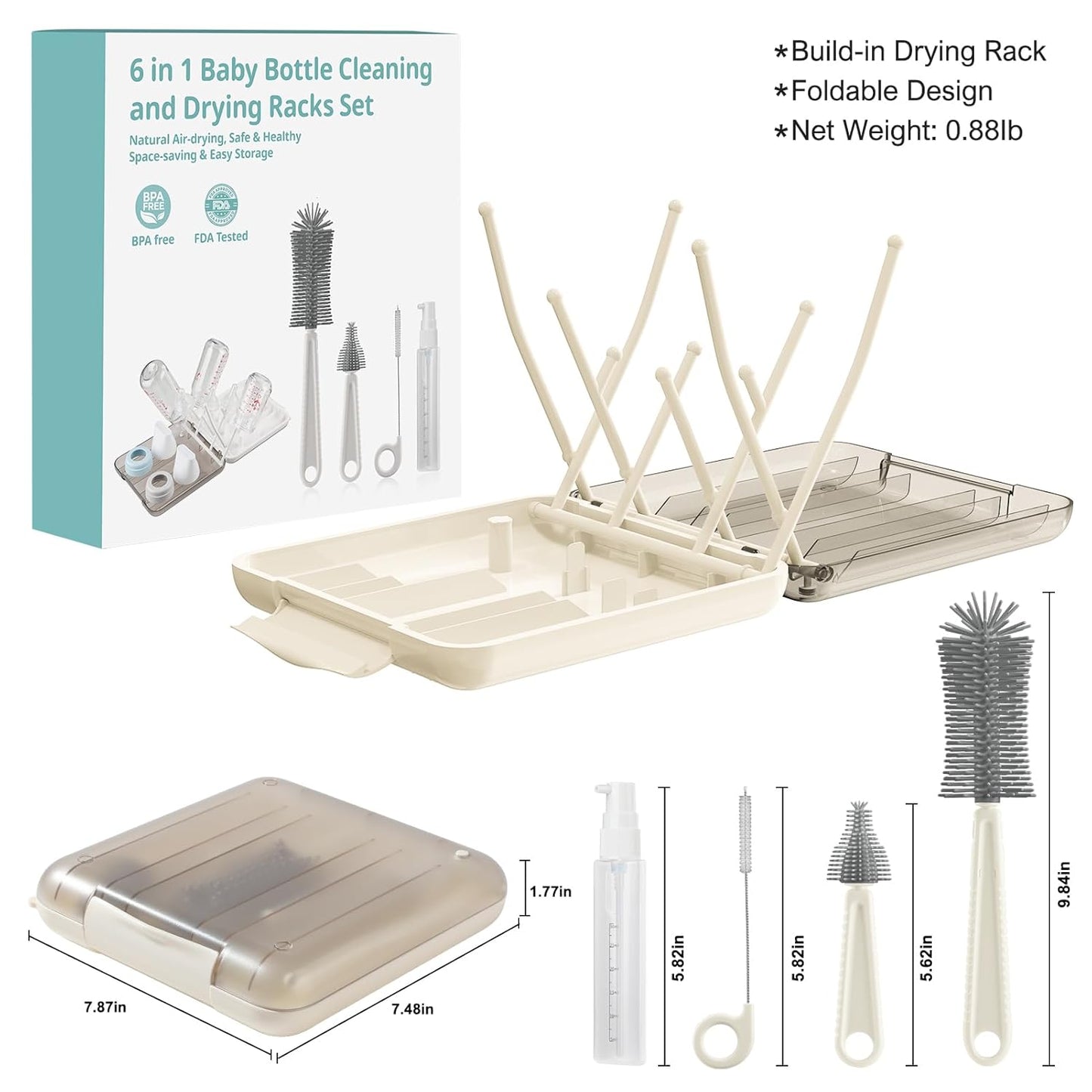 Bottle Brush Set -Baby Travel Essential-6 in 1 Bottle Cleaner Kit with Silicone Bottle Brush,Nipple Cleaner Brush,Straw Brush,Soap Dispenser,Storage Box,Bottle Drying Rack for Home and Travel(Green)