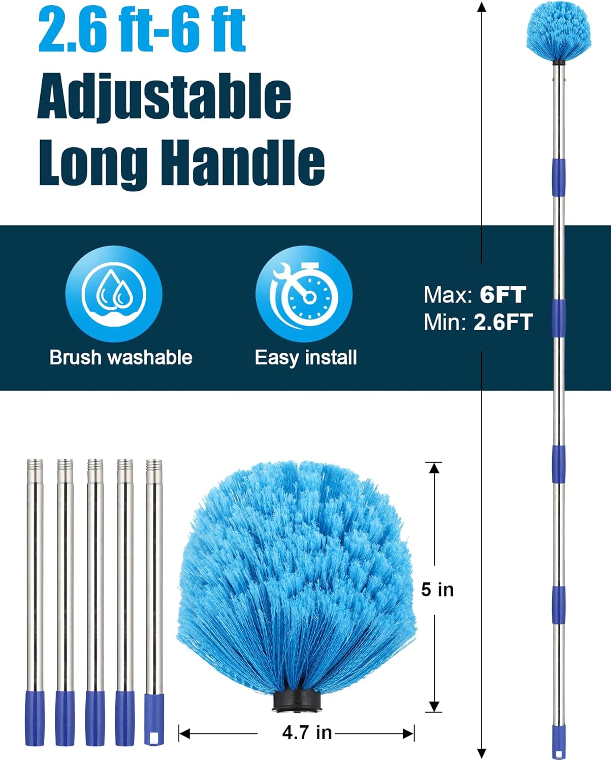 Cobweb Duster with Extension Pole, 8 ft Spider Web Brush for Outdoor House Cleaning, Cob Web Remover for High Ceilings Fans, Medium-Stiff Bristles Round Head, Steel Long Handle, Lightweight Cleaner