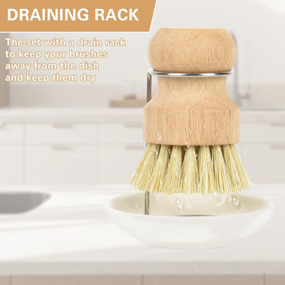 Wooden Dish Brushes, Dish Scrubber Brush for Cleaning Dishes, Natural Sisal + Palm Bristles, Set of 2