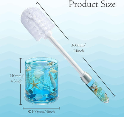 FONMY Toilet Brush and Holder Acrylic with Nature Seashell,Compact Size Toilet Bowl Brush with Plastic Handle Easy to Hide, Drip-Proof,Space Saving for Storage,Easy to Assemble,Deep Cleaning, (Blue)