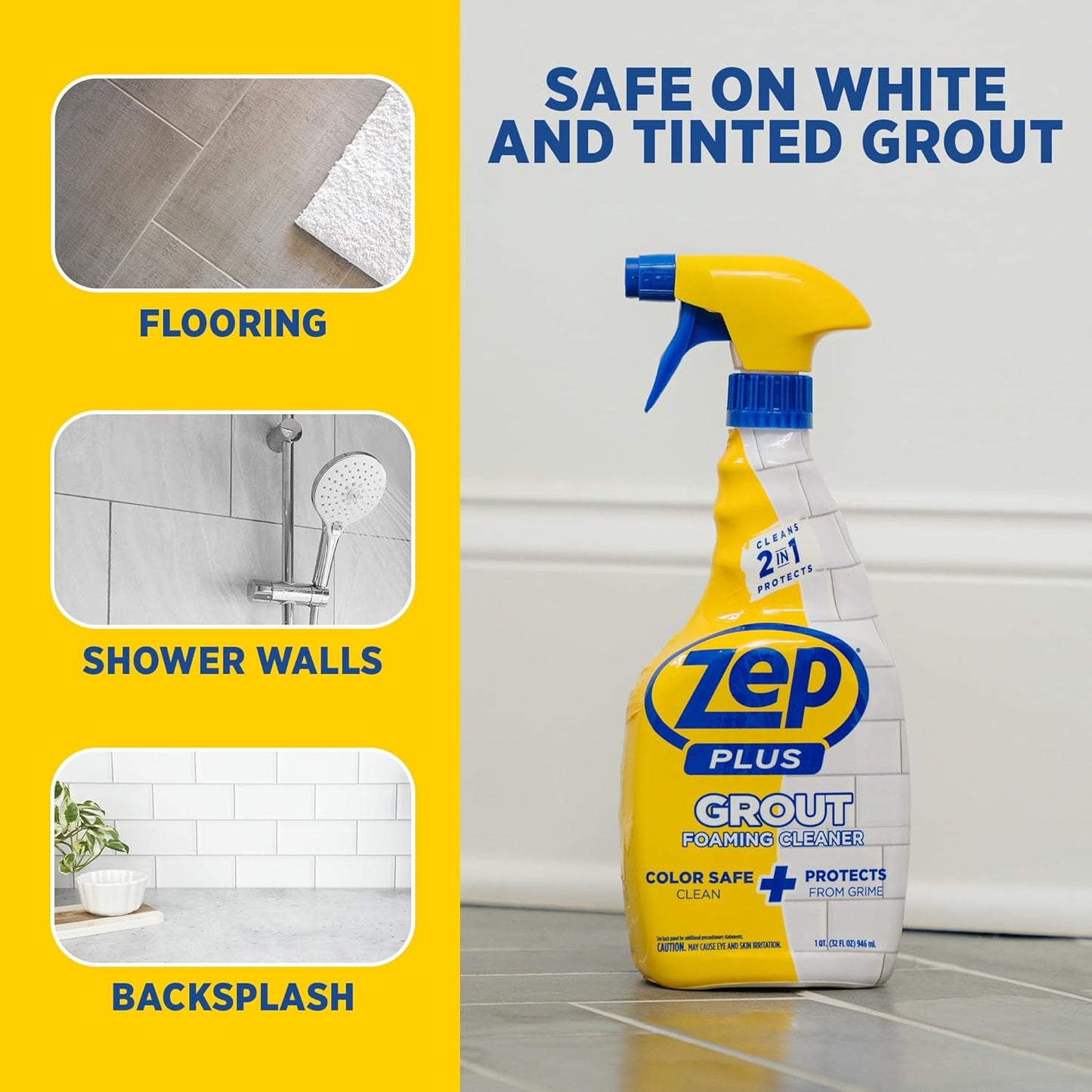 Zep Plus Foaming Grout Cleaner 32 oz – (2 Units) and a Blue Microfiber Rag ECBD023 - Color-Safe Tile and Grout Cleaners for Ceramic, Porcelain and Stone