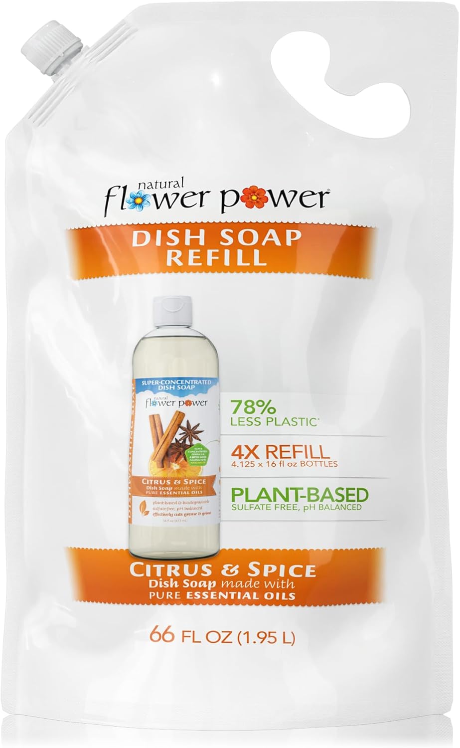 Natural Flower Power Liquid Dish Soap Refill – 66 Fl Oz Refills 4X – Plant-Based & Scented w/Pure Essential Oils – Natural Dishwashing Detergent – Sulfate-Free Kitchen Soap (Lavender)