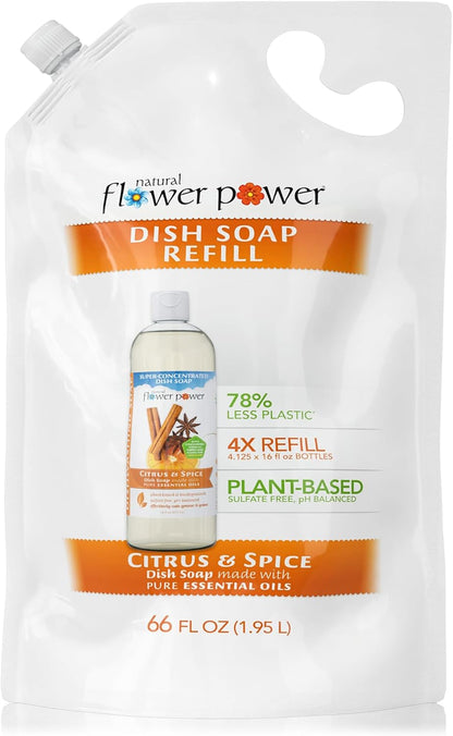 Natural Flower Power Liquid Dish Soap Refill – 66 Fl Oz Refills 4X – Plant-Based & Scented w/Pure Essential Oils – Natural Dishwashing Detergent – Sulfate-Free Kitchen Soap (Lavender)
