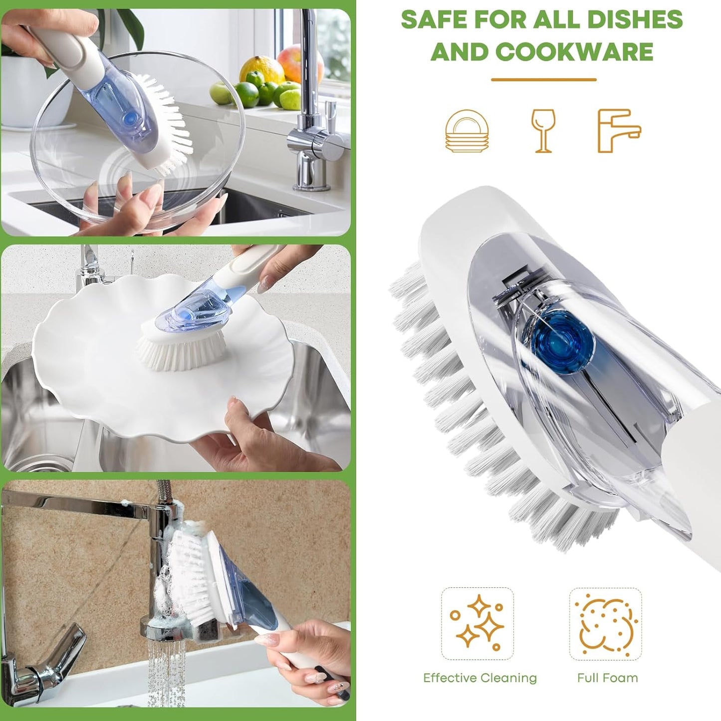 Soap Dispensing Replacement Dish Brush Storage Set with 2 PCS Brush Refills & Holder - RIMAY Dispenser Scrub Cleaning Scrubber Kitchen Dishwashing Dish Wand Handle for Dishes/Pans/Pots/Sink(Black)