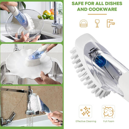 Soap Dispensing Replacement Dish Brush Storage Set with 2 PCS Brush Refills & Holder - RIMAY Dispenser Scrub Cleaning Scrubber Kitchen Dishwashing Dish Wand Handle for Dishes/Pans/Pots/Sink(Black)