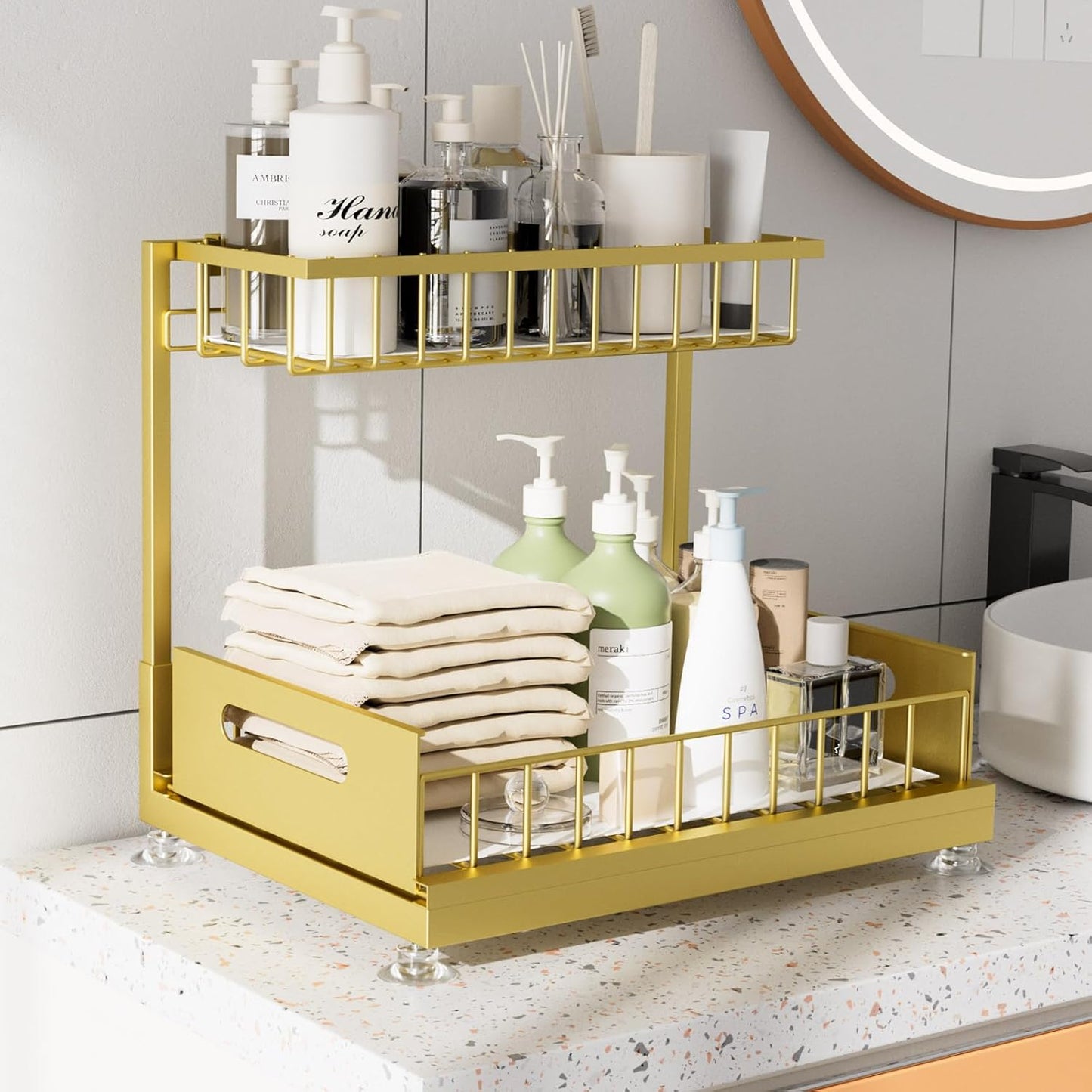 Saydear Under Sink Organizer Storage 2-Tier Premium Metal Pull-Out Kitchen Cabinet Organizer with Sliding Drawer, Height Adjustable, Heavy Duty for Kitchen & Bathroom Organizers 2 Pack Black