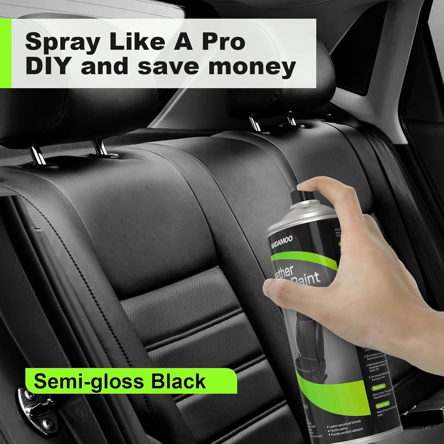 NADAMOO Leather Spray Paint Semi-Gloss Black 1 Can - Flexible Finish Vinyl Coating for Furniture, Car Seats, Bags, Couches, Shoes, DIY, Home & Auto