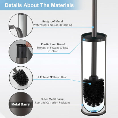 BGL Stainless Steel Toilet Brush with Holder, 2 Black Bristle Heads