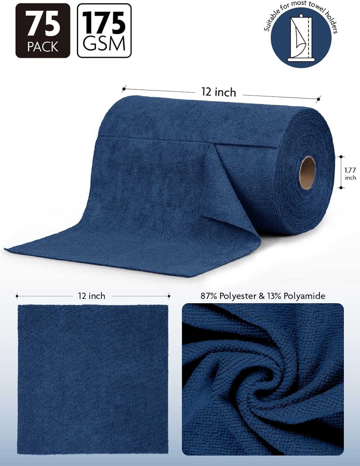 Fantasticlean Microfiber Cleaning Cloth Roll -75 Pack, Tear Away Microfiber Towels, 12" x 12", Reusable, Washable, Scratch Free, Ultra Absorbent Dishcloth for All-Around Cleaning Supplies (White)