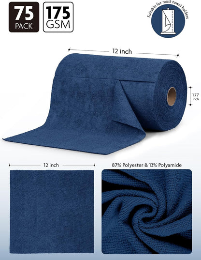 Fantasticlean Microfiber Cleaning Cloth Roll -75 Pack, Tear Away Microfiber Towels, 12" x 12", Reusable, Washable, Scratch Free, Ultra Absorbent Dishcloth for All-Around Cleaning Supplies (White)