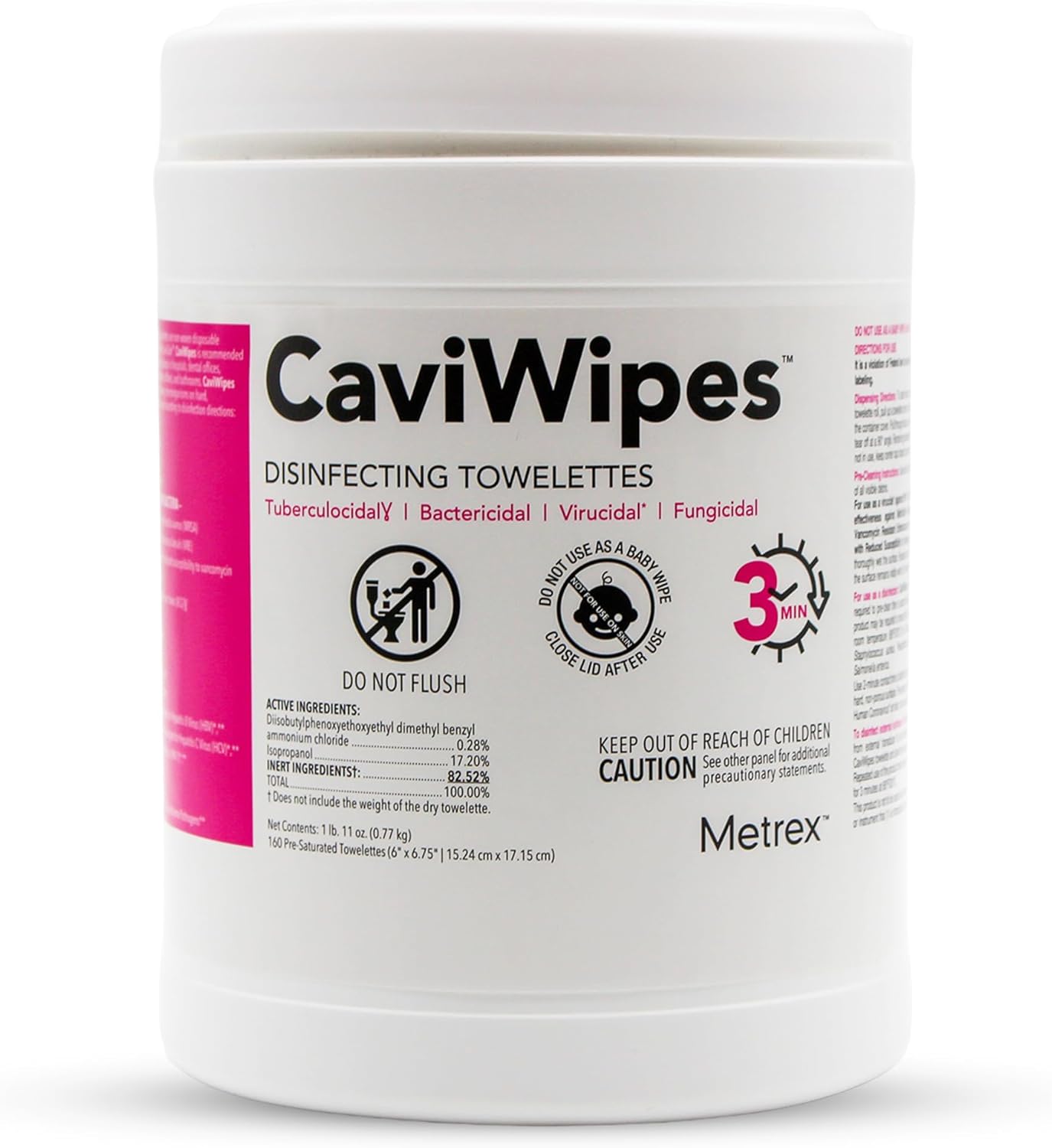 Metrex CaviWipes Disinfecting Towelettes – Alcohol-based, Durable Non-Woven Disinfecting Wipes, 3-Minute Contact Time, Surface Cleaner for Healthcare Settings – 6" x 6-3/4", 160 Wipes, 4 Pack