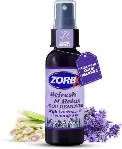 ZORBX Refresh & Relax Odor Remover Spray with Lavender & Lemongrass 8 Oz (Pack of 2) – Permanent Solution Room Freshener & Air Freshener Spray for Home, Bathroom, Furniture, Carpet, Car, Gym & Laundry