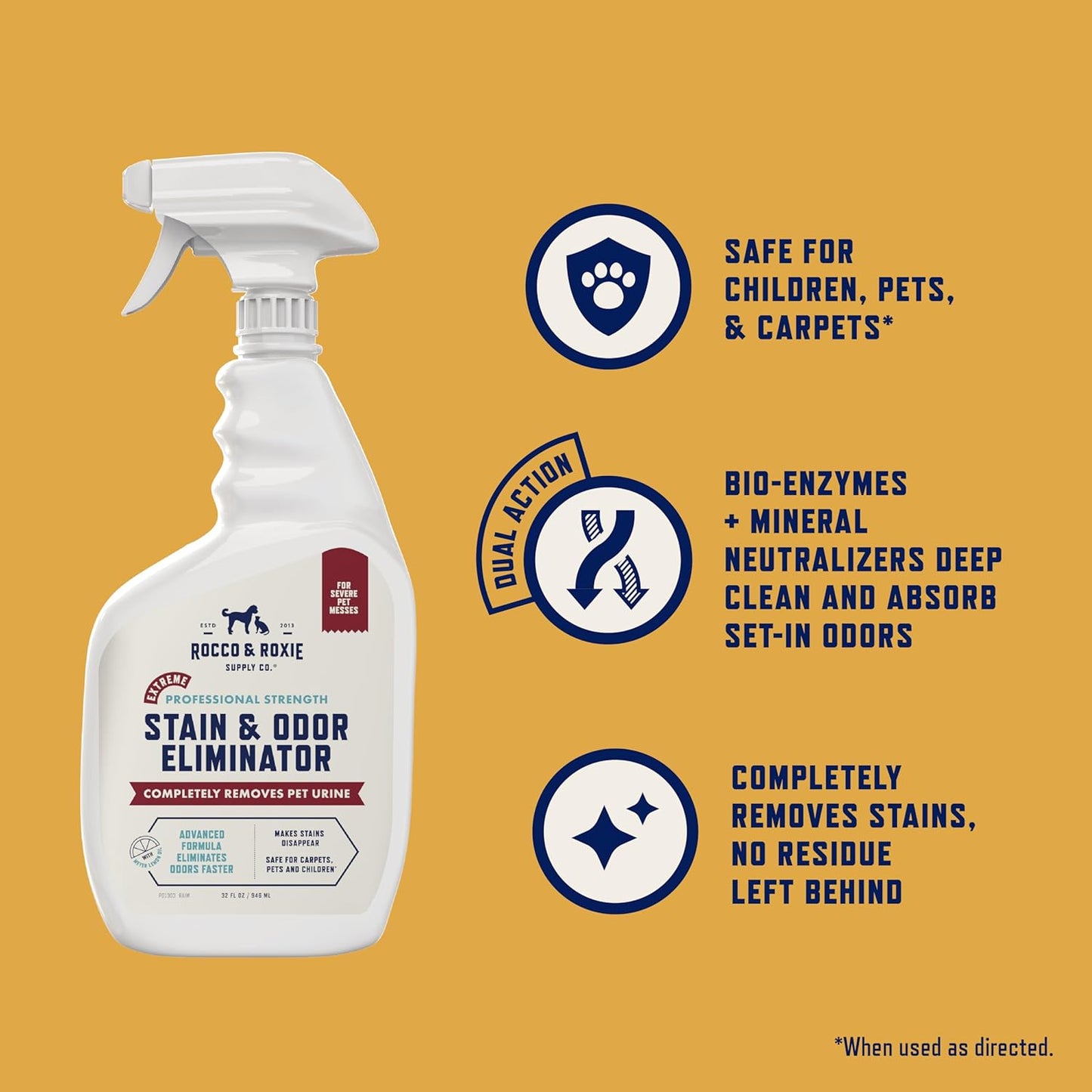 Rocco & Roxie Supply Co. Stain & Strong Odor Eliminator, Enzyme Cleaner, Pet Odor Eliminator for Home - Carpet Stain Remover for Cats & Dog Pee - Urine Destroyer - Carpet Cleaner Spray Clear, 32 Fl Oz