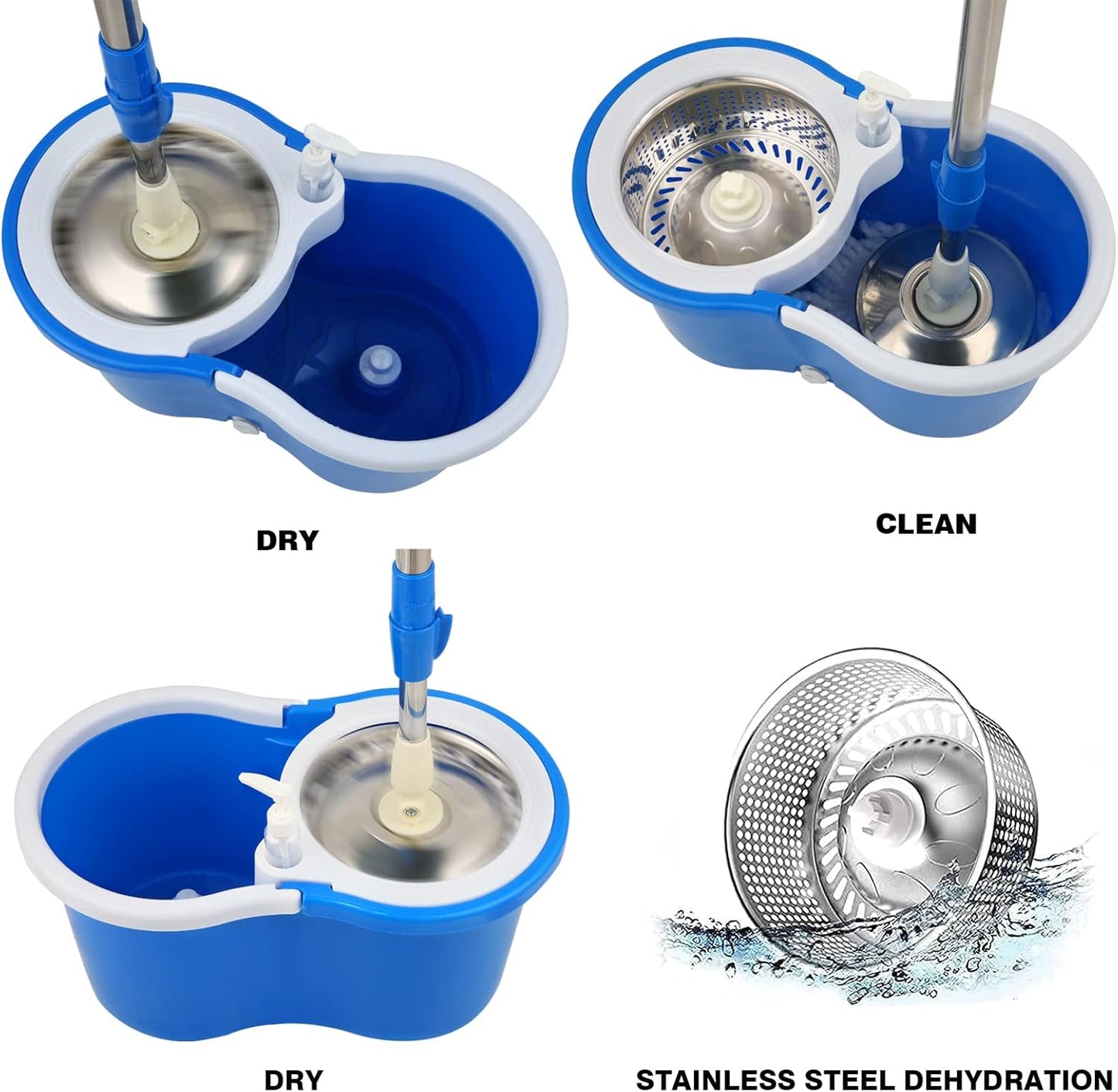 Spin Mop and Bucket with Wringer Set, 360° Spinning Mop Bucket System with 3 Microfiber Mop Replacement Heads and 50" Stainless Steel Adjustable Handle for Floor Cleaning