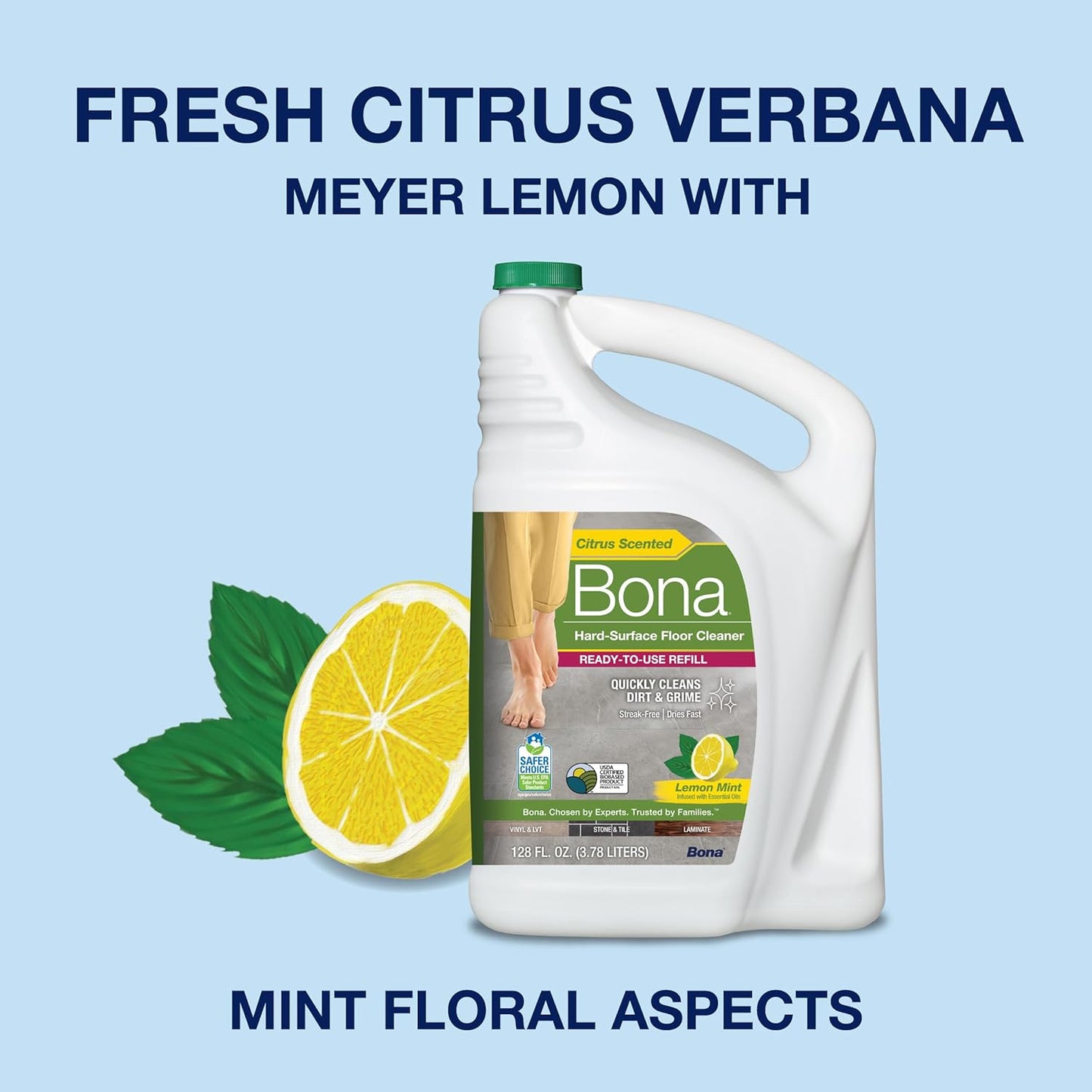 Bona Multi-Surface Floor Cleaner Spray - 32 fl oz - Lemon Mint Scent - Refillable - Residue-Free Floor Cleaning Solution for Stone, Tile, Laminate, and Vinyl Floors
