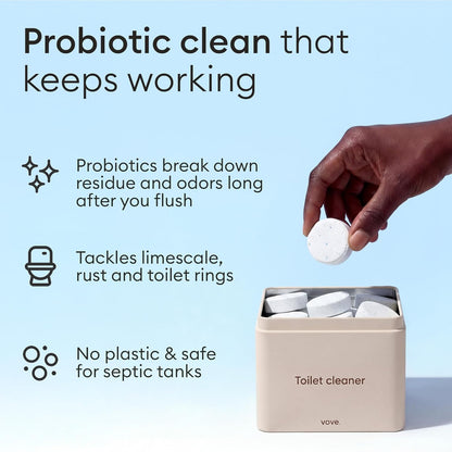 Vove Probiotic Toilet Bowl Cleaner Tablets Starter Set with Tin, 12 Count - Lime Eucalyptus, Citric Acid + Oxygen Bleach, Removes Hard Water & Limescale, Plant-Based, Septic Safe, Plastic-Free