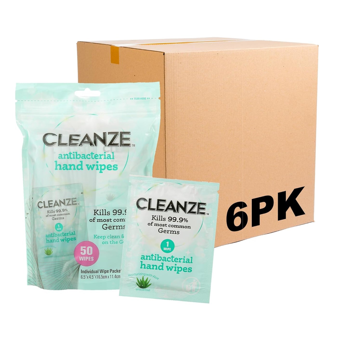 Cleanze Antibacterial Hand Sanitizing Wipes Individually Wrapped with Aloe, Unscented Disinfecting Hand Wipes for Travel and On the Go Sanitizing, Kills 99.9 Percent of Germs, 50 Count