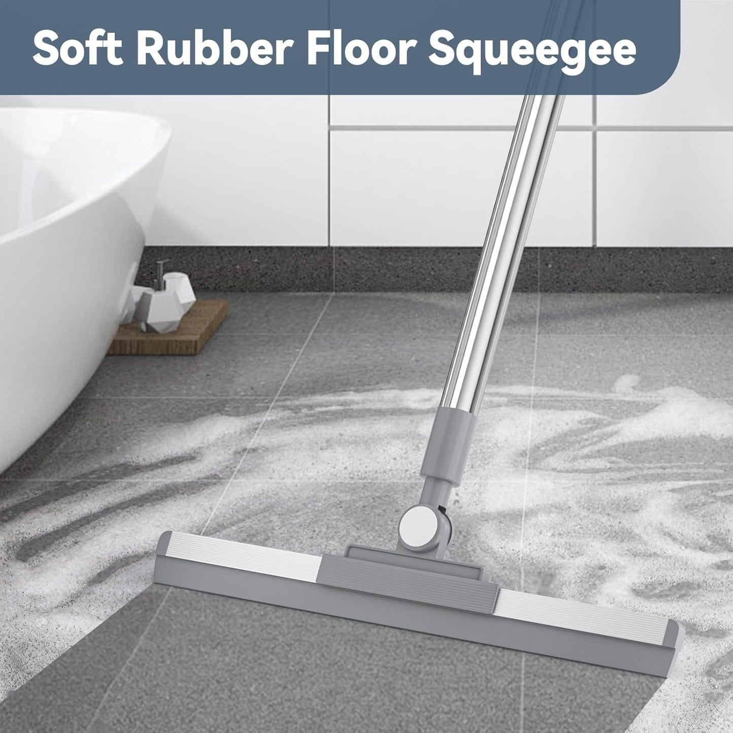 Floor Squeegee with 180° Rotating Head, Squeegee for Floor with 52'' Long Handle, Squeegee Broom, Squeegee for Window Cleaning, Bathroom Tile, Garage Concrete, Deck, Shower Glass (White)