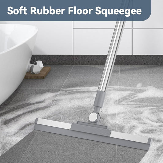 Floor Squeegee with 180° Rotating Head, Squeegee for Floor with 52'' Long Handle, Squeegee Broom, Squeegee for Window Cleaning, Bathroom Tile, Garage Concrete, Deck, Shower Glass (White)