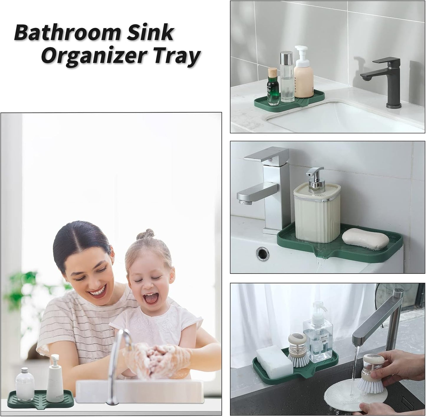 MicoYang Silicone Bathroom Soap Dishes with Drain Spout-Bathroom and Kitchen Sink Organizer,Sponge Holder,Dish Soap Tray,Perfect for Dispenser,Scrubber,Bottle,Cup on Sink or Counter-Black 4.9"×3.2"