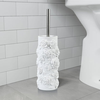 White Floral Branches Design Resin Toilet Bowl Brush and Holder Set, Elegant Bathroom Cleaning Tool with Durable Bristles, Compact and Functional
