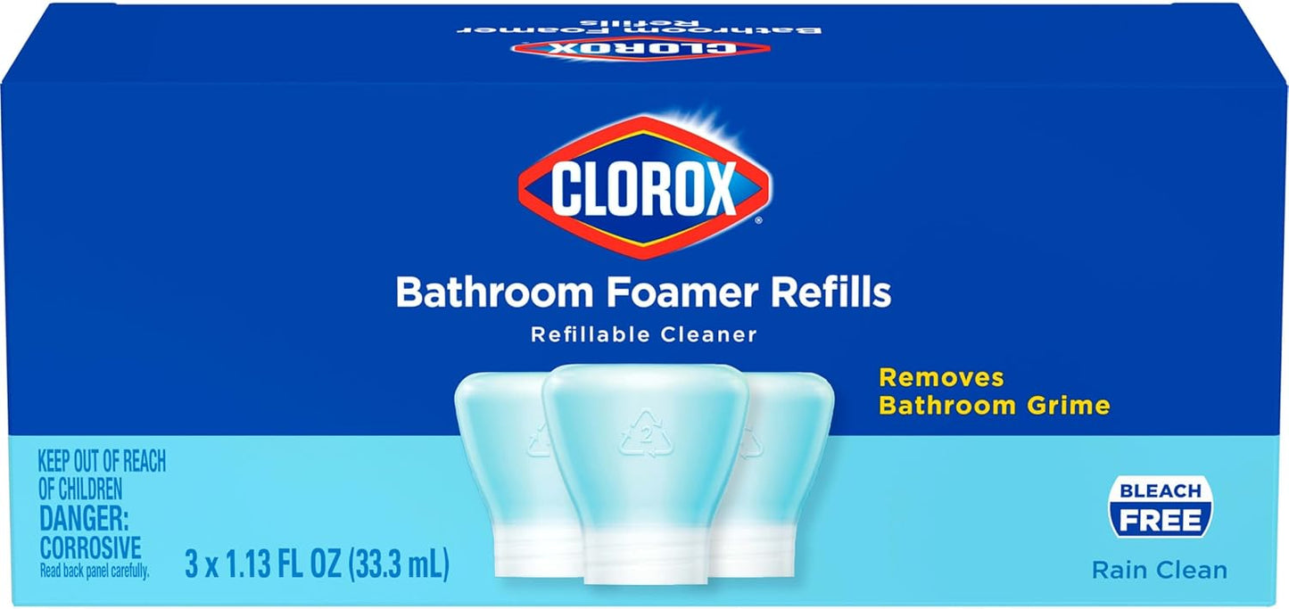 Clorox Bathroom Foamer Refillable Cleaner, Household Essentials, 1 Bottle and 3 Refill, Rain Clean, 1.13 Fl Oz