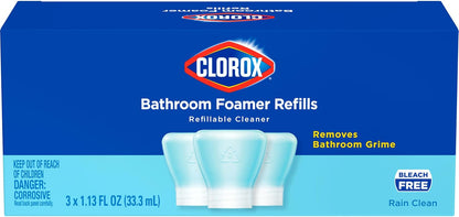 Clorox Bathroom Foamer Refillable Cleaner, Household Essentials, 1 Bottle and 3 Refill, Rain Clean, 1.13 Fl Oz