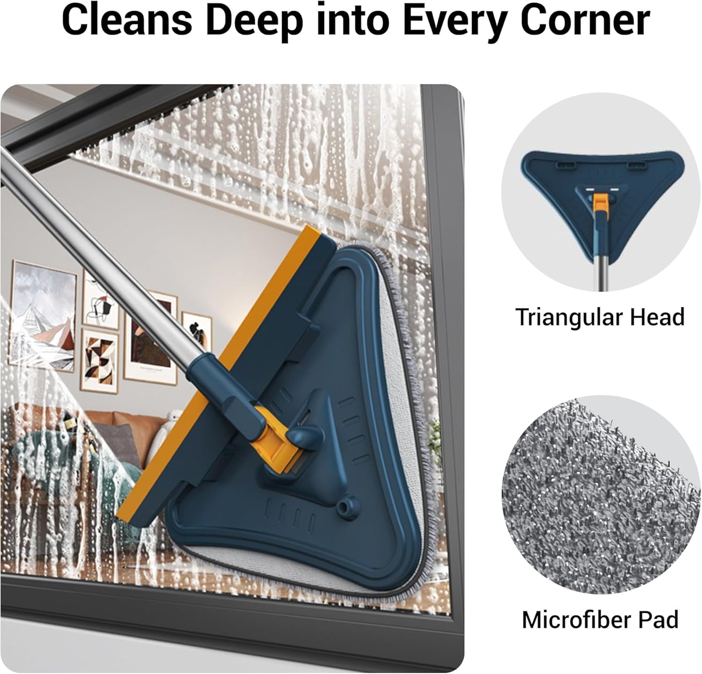 7-in-1 Wall Cleaner, Triangle Mop Set with 7 Replaceable Heads and Adjustable Long Handle for Walls, Floors, Windows, Ceilings, Baseboards (Navy Blue)