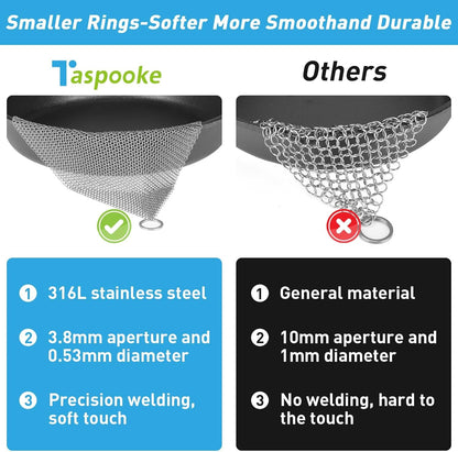Cast Iron Cleaner and Chainmail Skillet Scrubber - 4''x4'' Upgraded 3.8mm Small Ring, 316L Stainless Steel Fine Rings - Durable Scraper for Skillets, Pans, Griddles & Containers