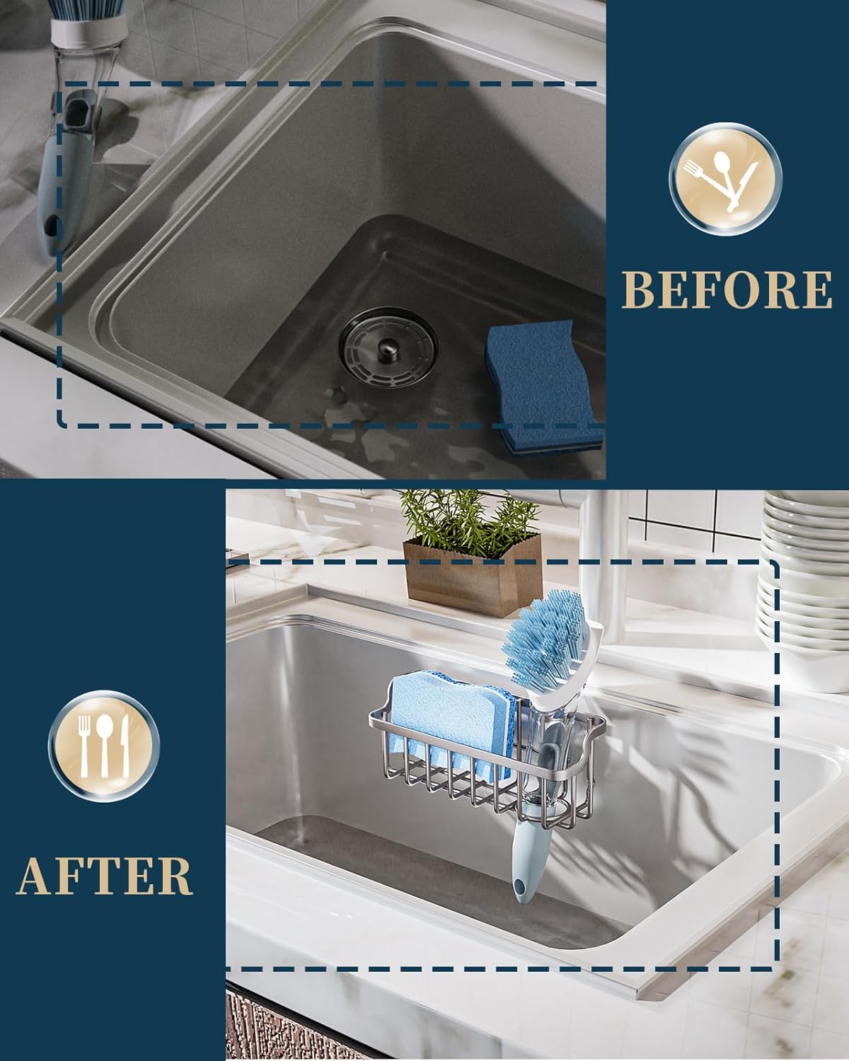 Consumest Sponge Holder Sink Caddy - Ladder Shaped Sponge Holder for Kitchen Sink with 2 Installation Ways (Suction Cups & Adhesive Hook), Rustproof Stainless Steel Kitchen Organizer, Silver