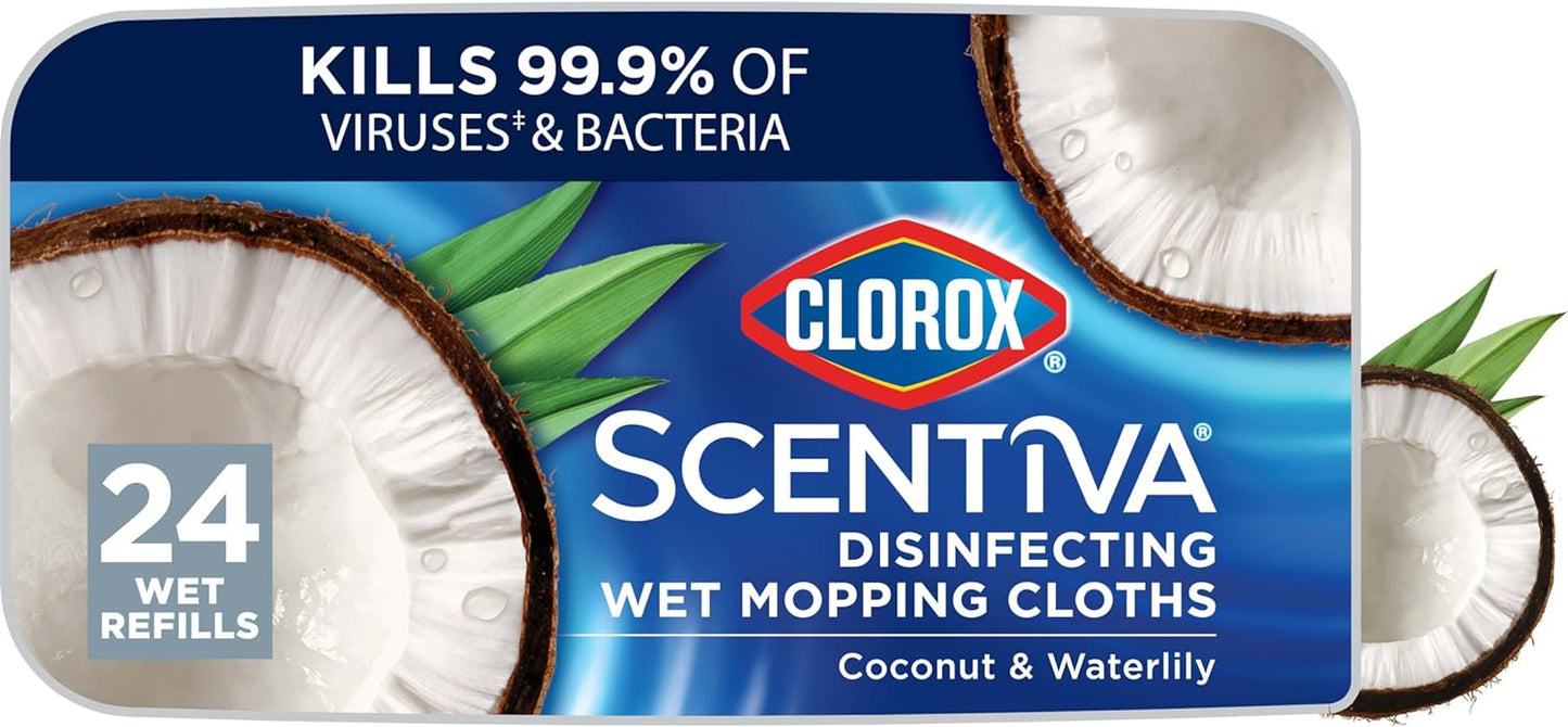 Clorox Scentiva Disinfecting Wet Mop Pad, Disposable Mop Heads, Coconut and Waterlily, 2 Packs, 24 Wet Refills Per Pack (Package May Vary)