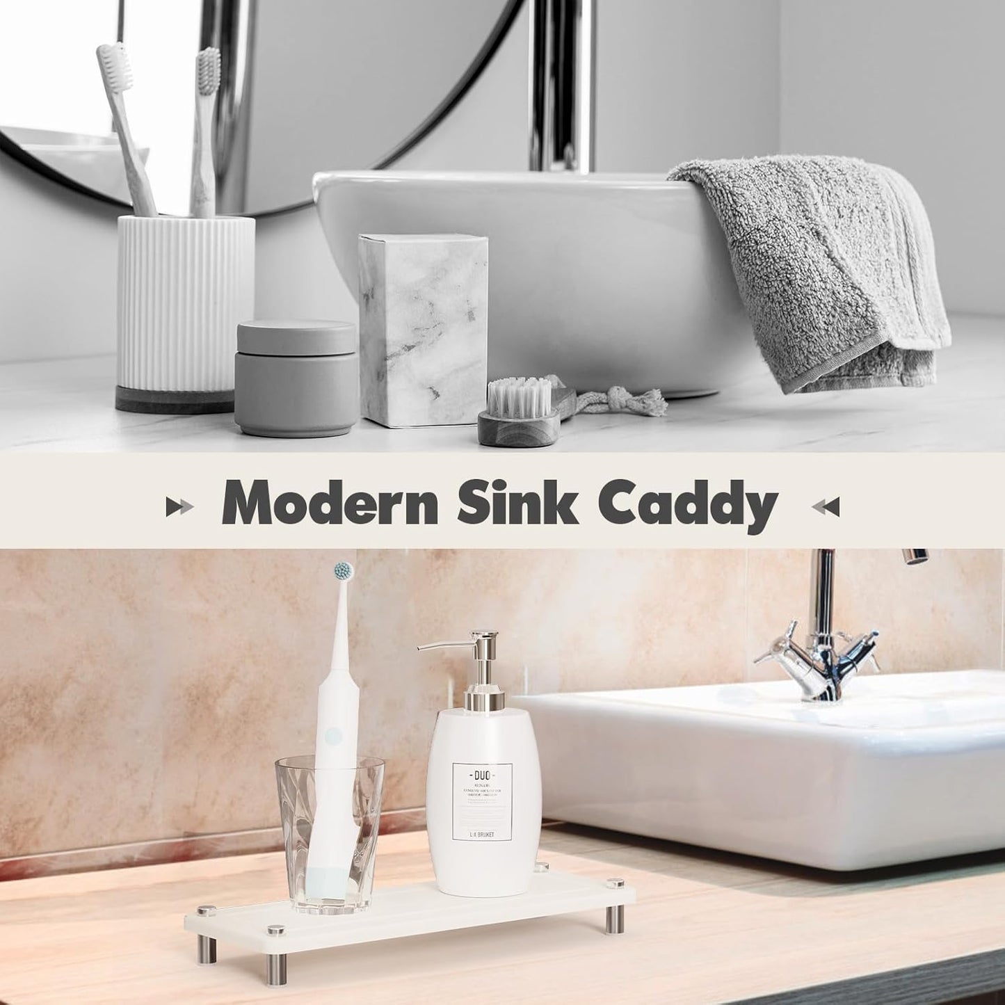 Kitchen Sink Caddy Water Absorbing Stone Tray For Sink, Diatomite Bathroom Countertop Tray Organizer, Faucet Stone Drying Mat Coaster Soap Dish Sponge Dispenser Holder (Grey)
