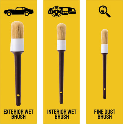 Detail Dudes Car Detailing Brush Set 3-pc - Scratch-Free Boars Hair for Interior and Exterior Work - Pro Quality Car Cleaning Brush Kit for Leather Seats, Dashboards, Wheels, Grills and Paint