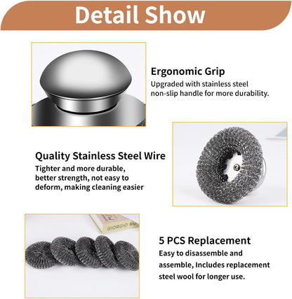 6Pcs Steel Wool Scrubber with Replacement Wire Pads Set, Stainless Steel Scrubber with Handle for Scouring Stubborn Messes from Cast Iron, Pots, Pans, Grill, Stoves, Sink(1 Scrubber+5 Pads)