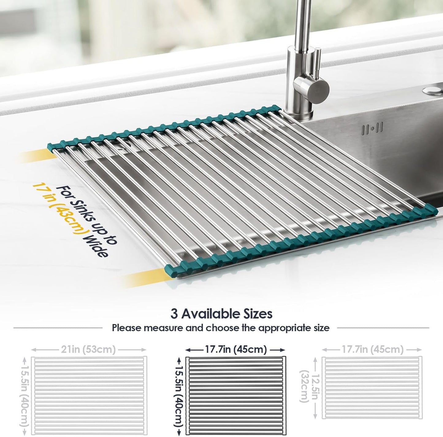 Tomorotec 17.7" x 15.5" Roll Up Dish Drying Rack Over Sink Drying Rack Sink Cover Kitchen Sink Accessories Gadget Multipurpose Organizer Foldable Stainless Steel Drainer (Grey)