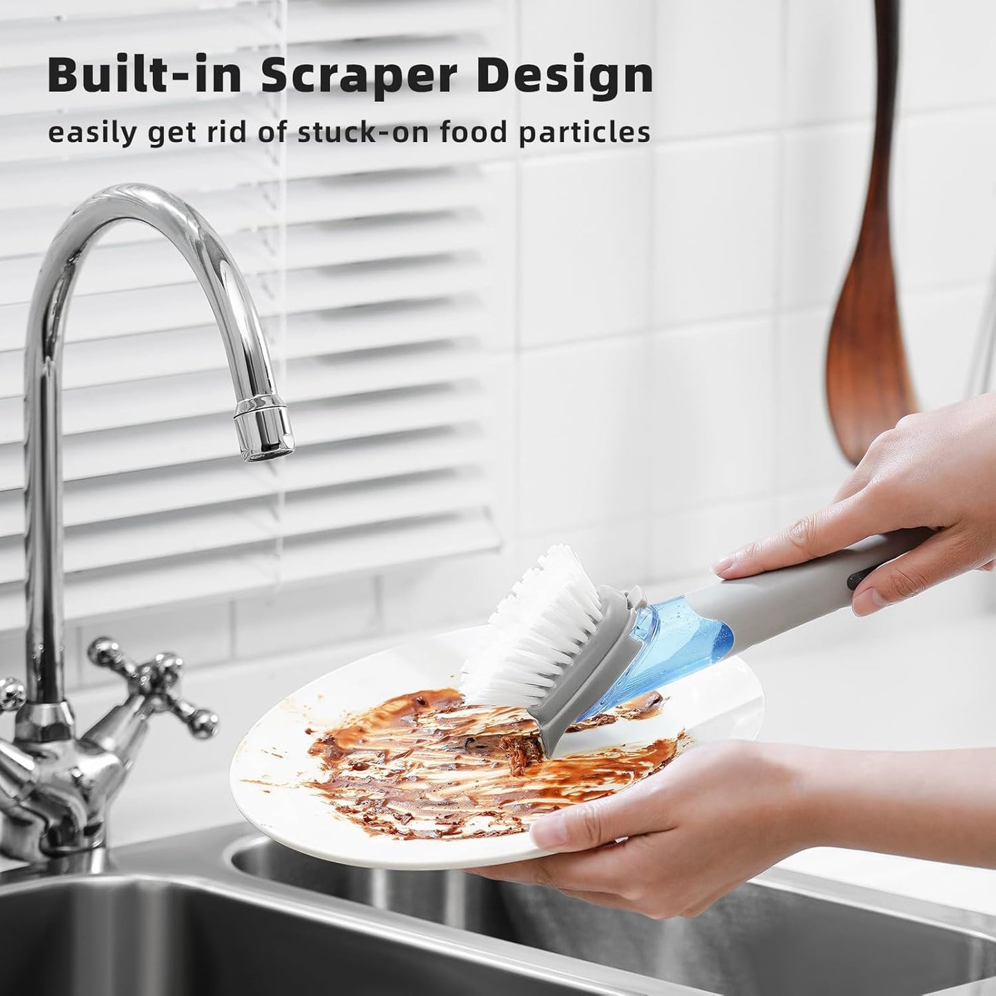 SUBEKYU Dish Brushes with Soap Dispenser, Kitchen Dish Scrubber Brushes with Handle, Dishwashing Cleaning Scrubbers for Dishes/Pans/Pots, Black, 2Pack