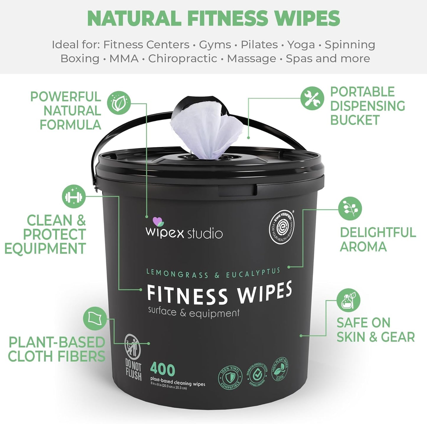 Wipex Gym Wipes Bucket Refill – EWG Verified, 400 Ct Plant-based Fitness Equipment Wipes, Lavender and Vinegar to Clean Surfaces, Safe Yoga Mat Cleaner, Gym Cleaner and Peloton