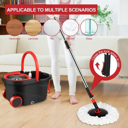 360° Spin Mop and Bucket System with Wringer - 61" Stainless Steel Handle & 3 Microfiber Refills, Self-Cleaning Floor Mop for Tile, Hardwood, Laminate Floors (Black red)
