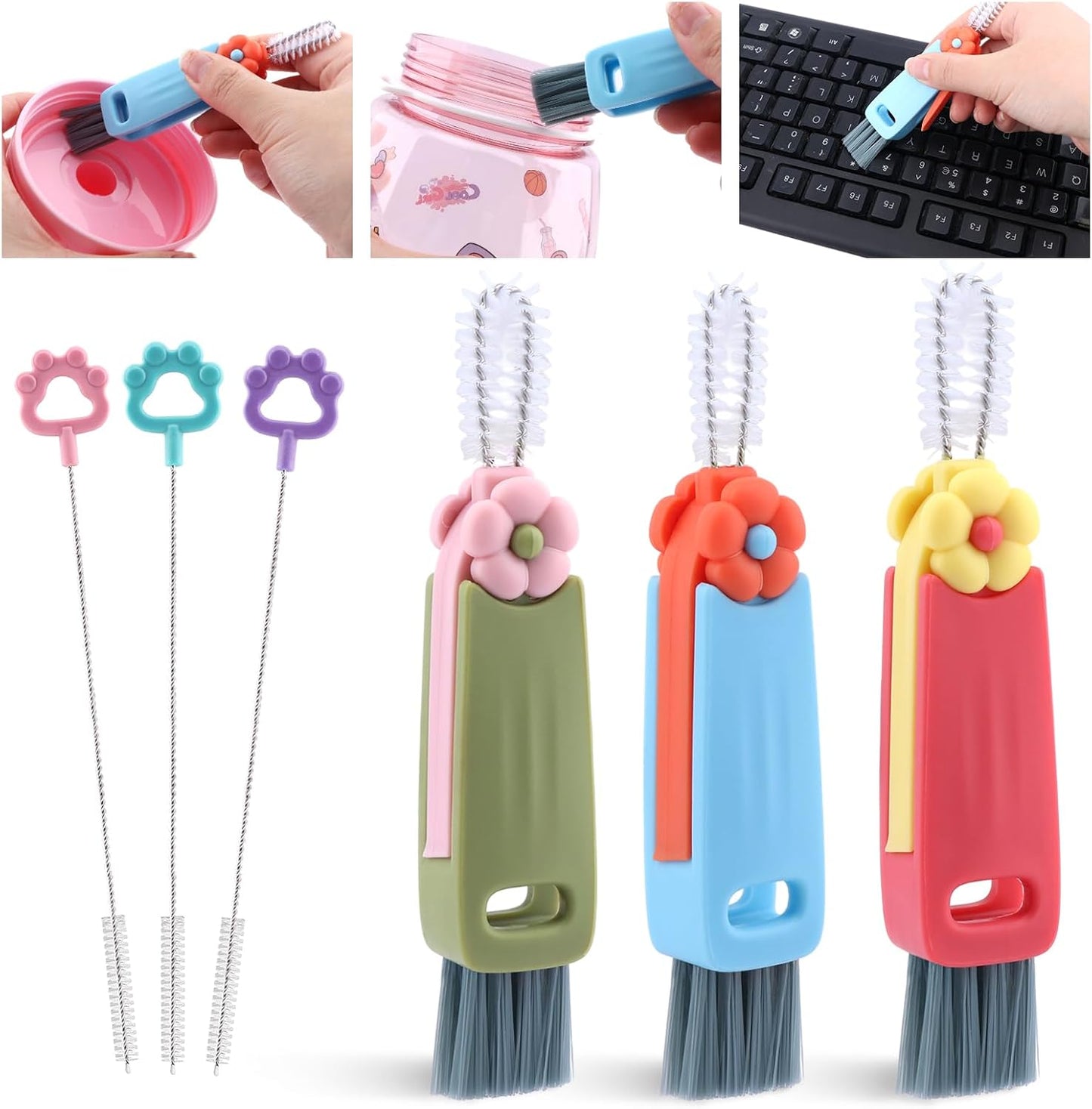 6pack Cleaner Brush Set, 3 in 1 Cup Lid Cleaning Brush and 7.6inch Straw Brush Crevice Cleaning Brush for Water Bottle Gap Lid(2style/6pcs)