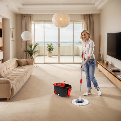 Spin Mop and Bucket with Wringer Set,for Floor Cleaning,with Floor Scrub Brush,61" Adjustable Handle and 6 Microfiber Mop Head(White)