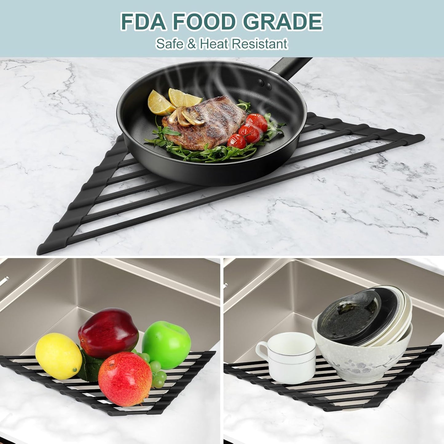 MERRYBOX Triangle Roll Up Dish Drying Rack Over The Sink, 2025 Anti-Rust Sink Drying Rack with Full Silicone Wrapped for Top of Corner, Anti-Slip Organizer for Kitchen