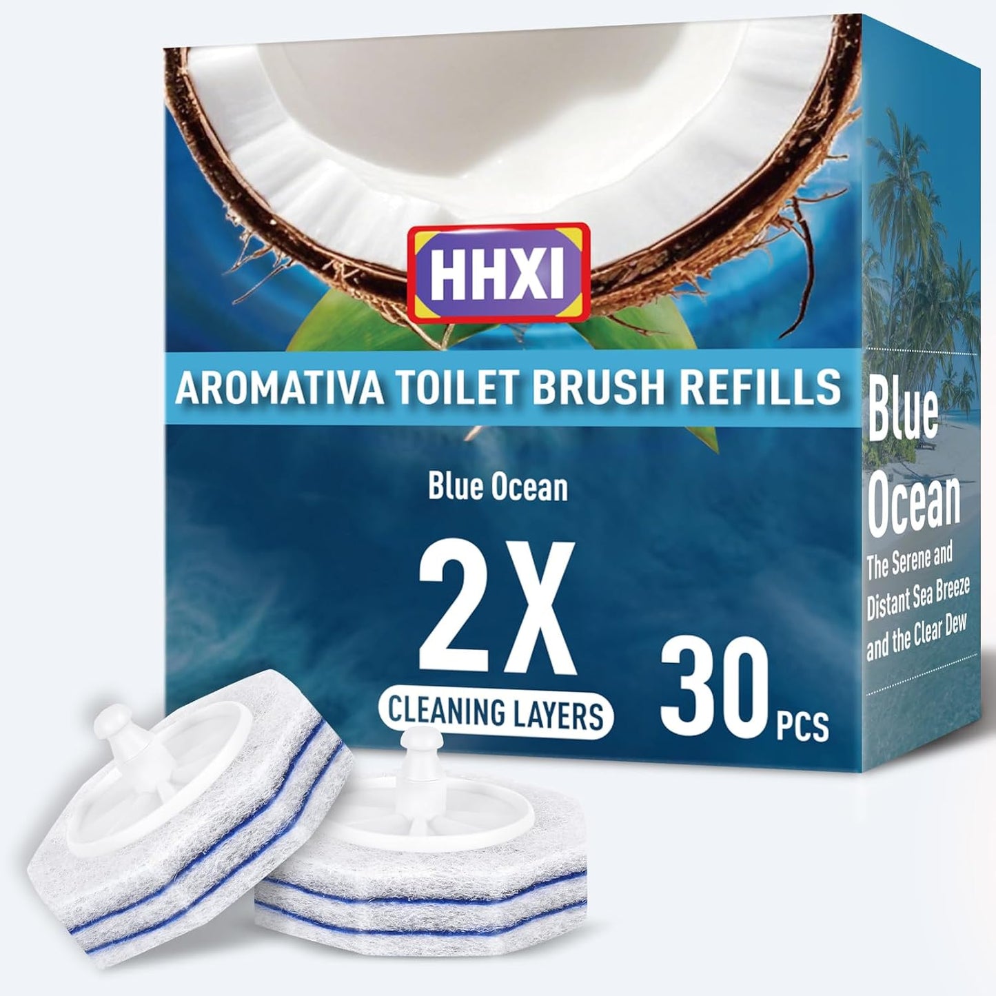 30Ct Aromative Toilet Brush Refills, Toilet Bowl Cleaner Refills, Double-Layer Cleaning Pads Added, Disposable Refill Heads for Toilet Bowl Cleaner Wands，Lemon, Blue Ocean, Lavender （Patented）
