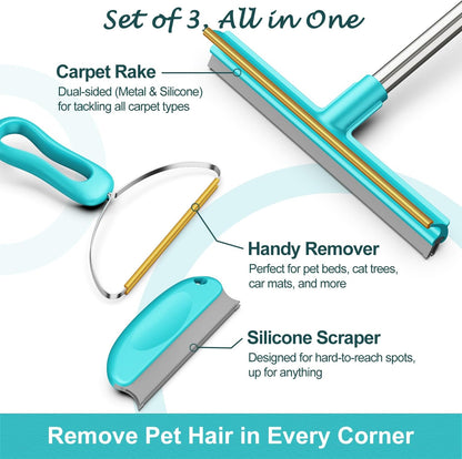 Carpet Rake for Pet Hair Removal (3 Pack), Dog Cat Fur Remover Rubber Broom, Stainless Steel Long Handle Lint Shaver Cleaner Tools, Scraper Brush for Carpet, Rug, Car Mat, Couch, Pet Bed