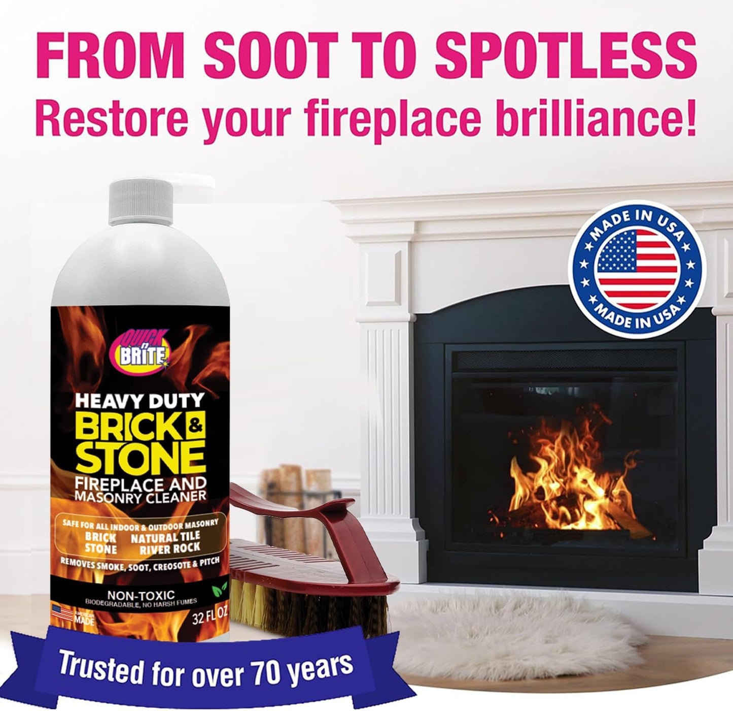 Quick 'n Brite Fireplace Gel Cleaner for Brick, Stone, Rock, Tile, and Marble, Nonabrasive Fireplace Cleaner, Made in the USA, 16 oz