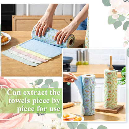 Redbaker 50 Pcs Reusable Paper Towels Paperless Reusable Cotton Cloths Toilet Absorbent Washable Paper Towels with Roll Kitchen Dishcloth for Kitchen Paperless Dishcloths(Stripe)