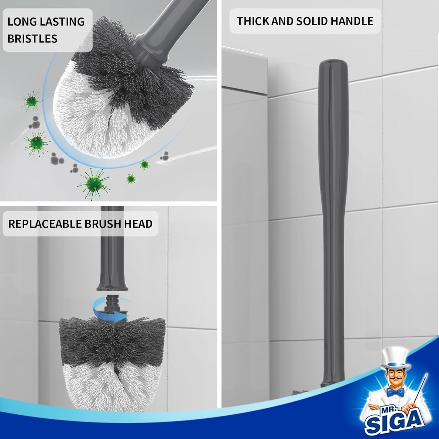 MR.SIGA Toilet Bowl Brush and Holder, Premium Quality, with Solid Handle and Durable Bristles for Bathroom Cleaning, White, 1 Pack