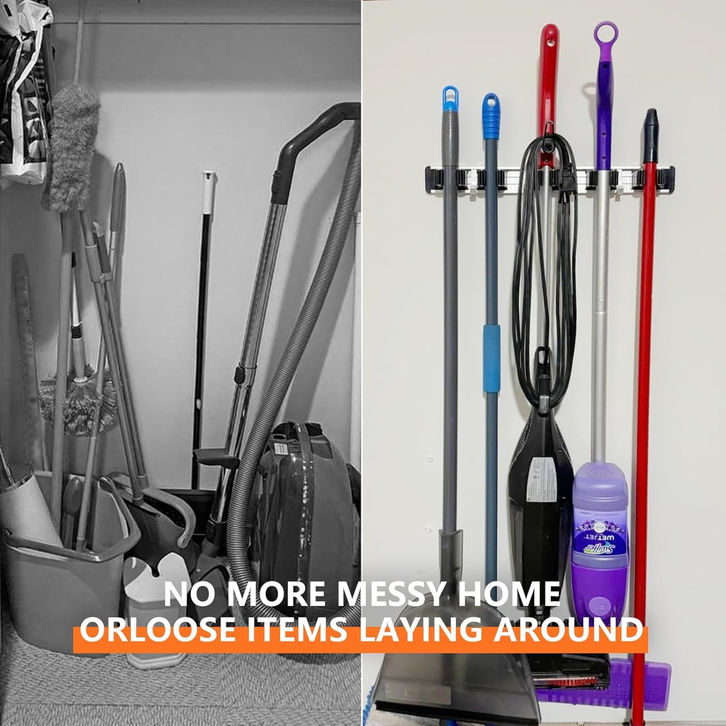 reliahom Adjustable Broom Holder Wall Mount, Mop Storage Tool Racks, Broom Hanger Tool Organizer for Garage, Kitchen, Garden, Laundry Room, 4 Racks 5 Hooks Silver