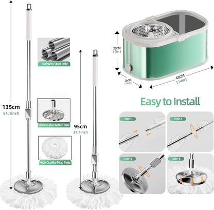 Spin Mop and Bucket with Wringer Set for Home,360° Mop and Bucket with Separate Clean and Dirty Water,Wet Dust Mop for Floor Cleaning with Extra Refills (Silver)