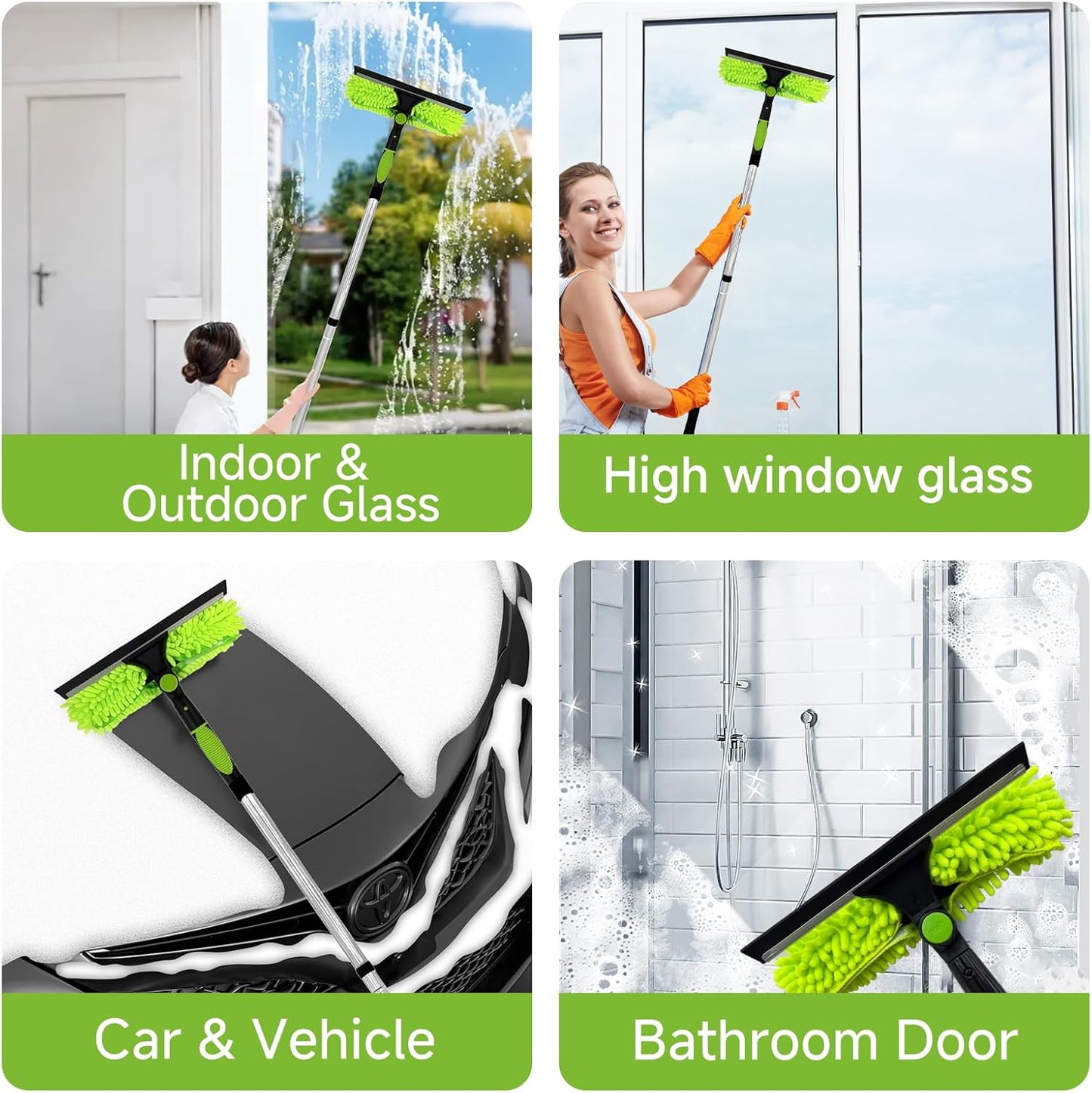 67" Squeegee Window Cleaner 2 in 1 Rotatable Window Cleaning Tool Kit with Extension Pole, Window Washing Equipment with Bendable Head for Indoor & Outdoor High Windows and Car Glass