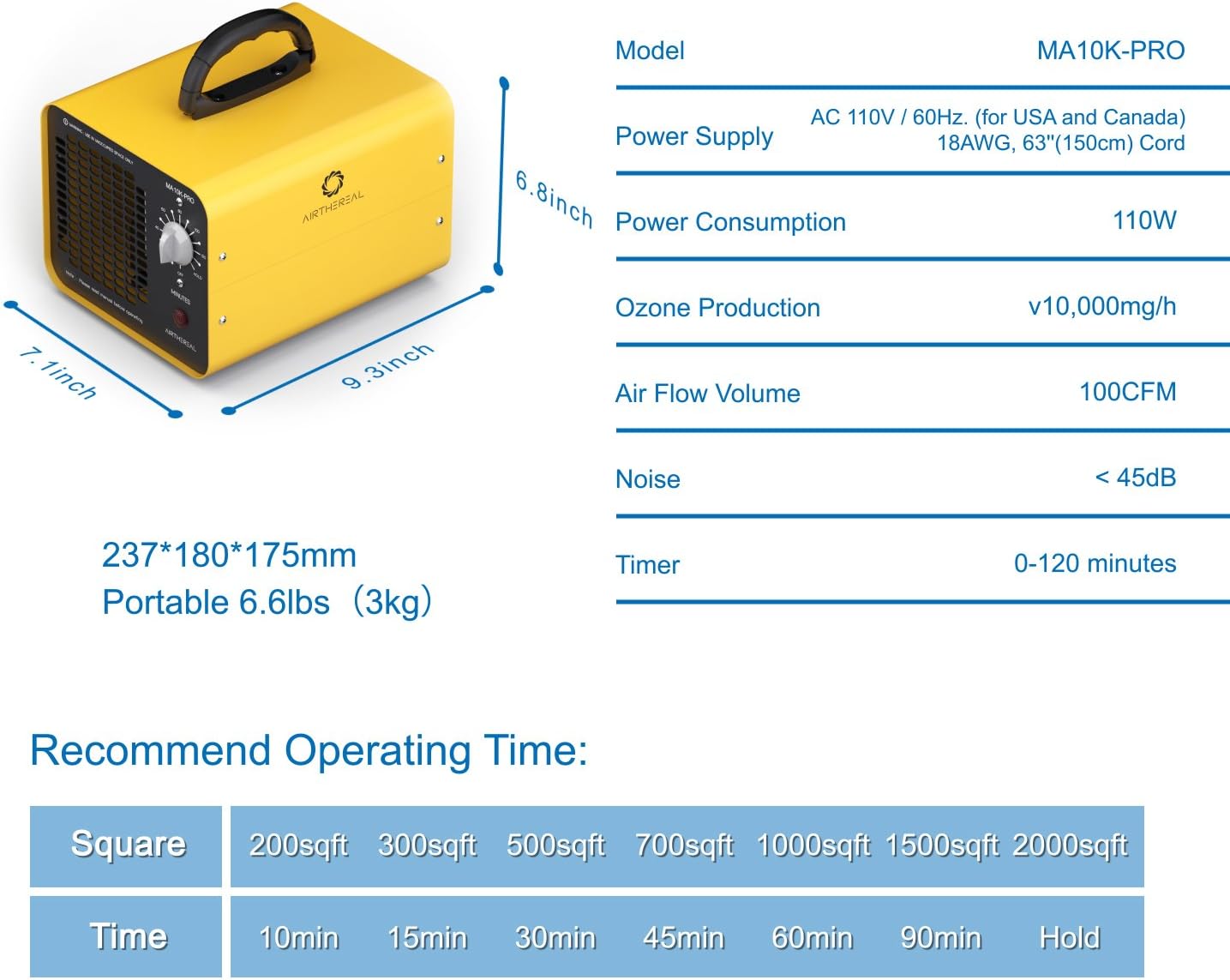 Airthereal MA10K-PRO SMART WiFi Ozone Generator - High Ozone Output Capacity Ozonator- Odor Remover, Deodorizer, Sterilizer - Adjustable Output and Timer Settings for Any Size Room - Black